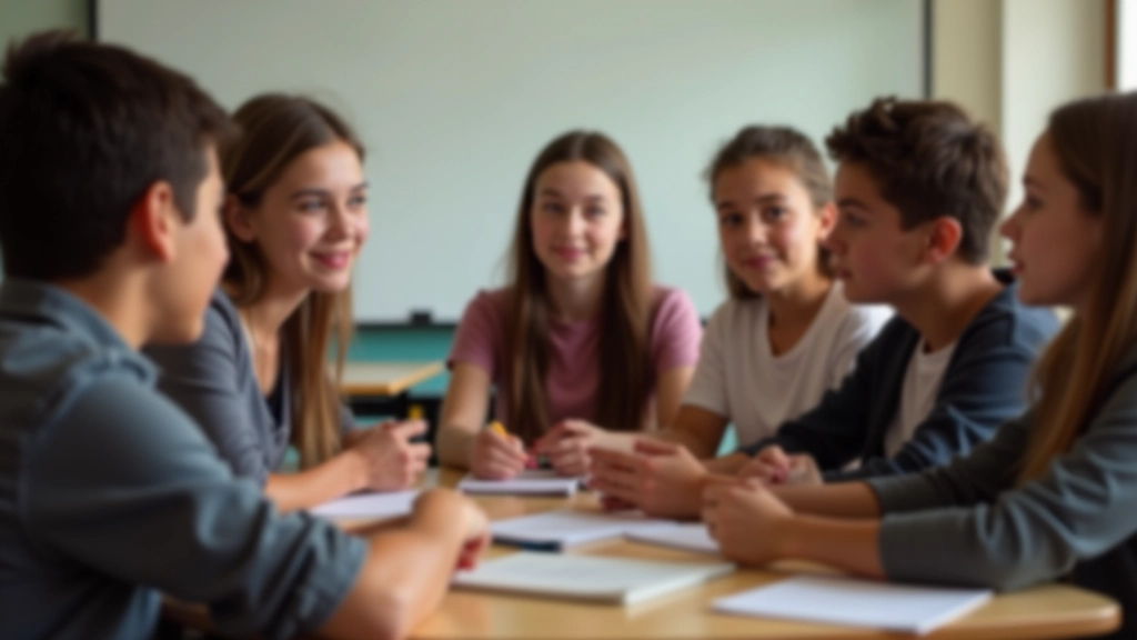 Classroom setting with diverse students engaged in group discussion with teacher facilitating from the side