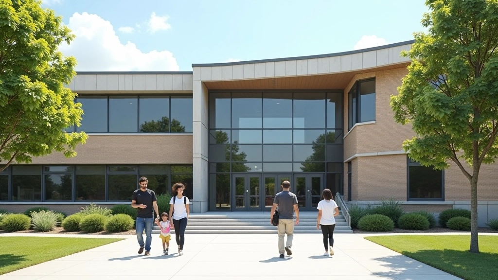 School building entrance with students