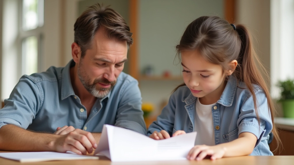 Parent and student reviewing school materials together at a table with campus photos and brochures