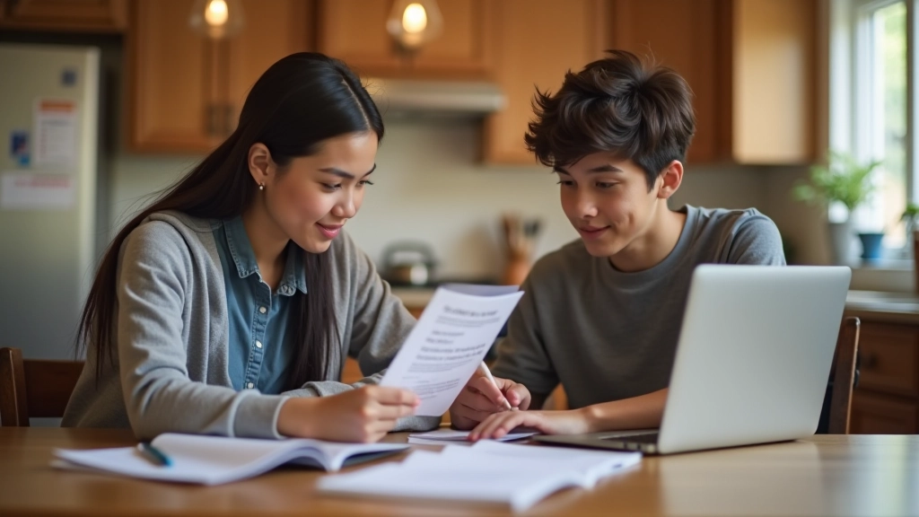 Parent and teenager reviewing college information and application materials at home