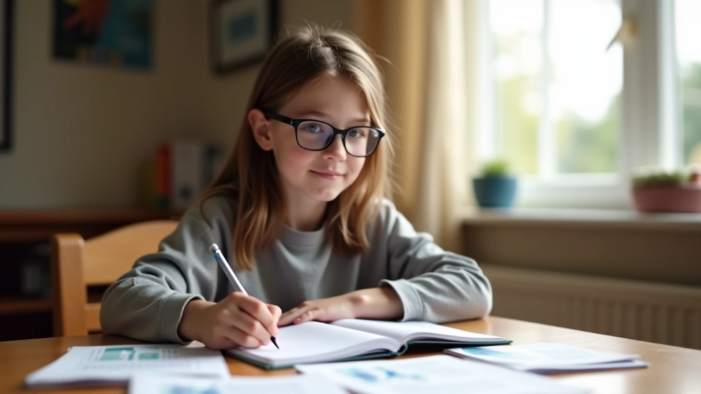 Student sitting at desk with open notebook and pencils, looking at school information materials