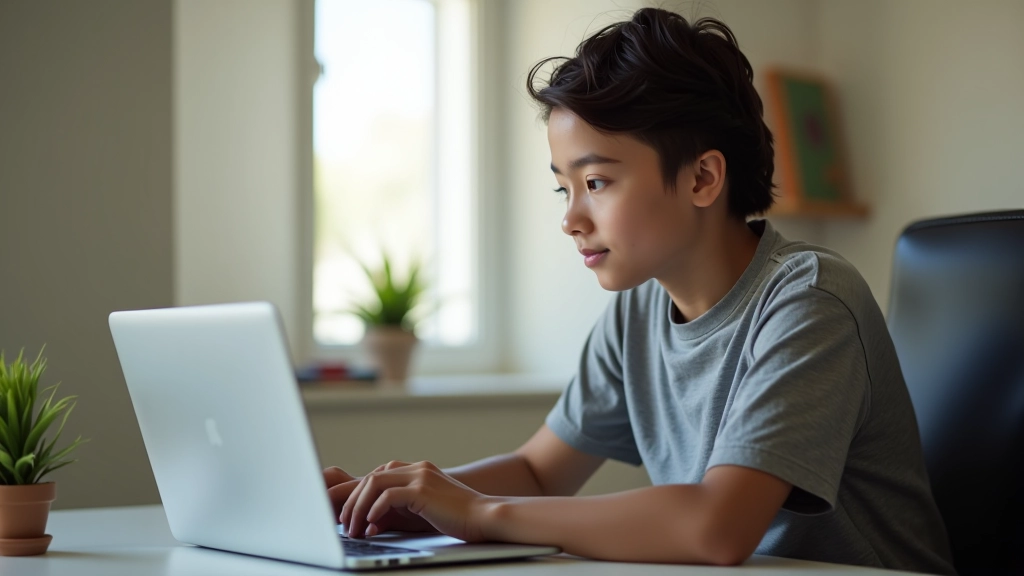 Student working on college application at laptop, application form on screen, organized workspace