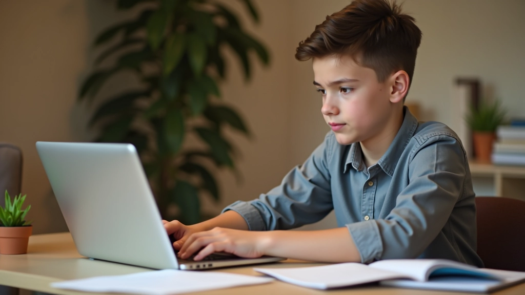 Teenager researching different career options on laptop with college brochures and notes scattered on desk